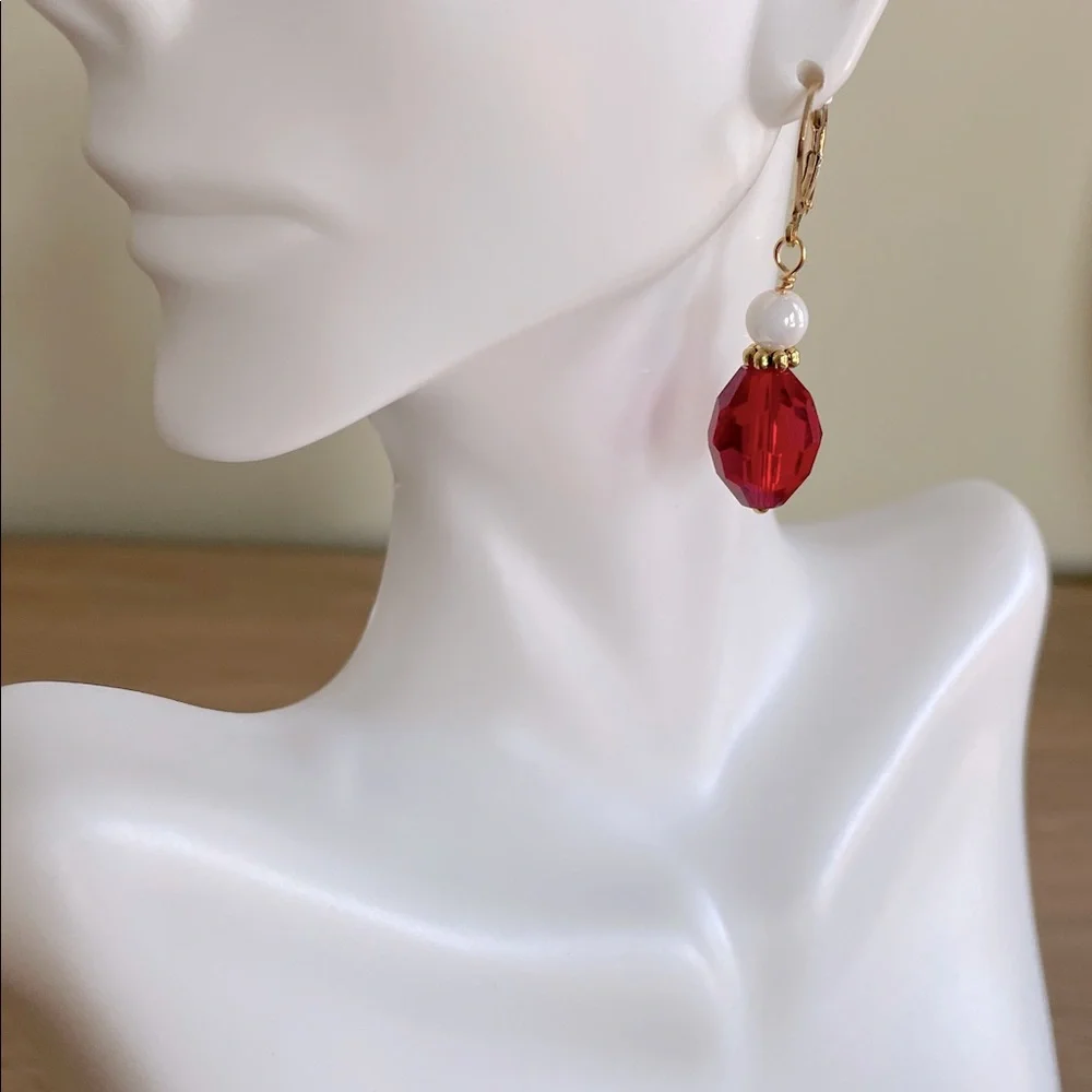 HAND CRAFTED DROP EARRINGS Faceted Red Gold White Faux Pearls Holiday Christmas